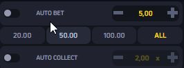 JetX bet panel showing the Auto Bet and Auto Collect (auto cash-out) toggles