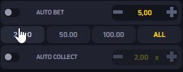 JetX bet panel with quick-stake buttons 20, 50, 100 and ALL